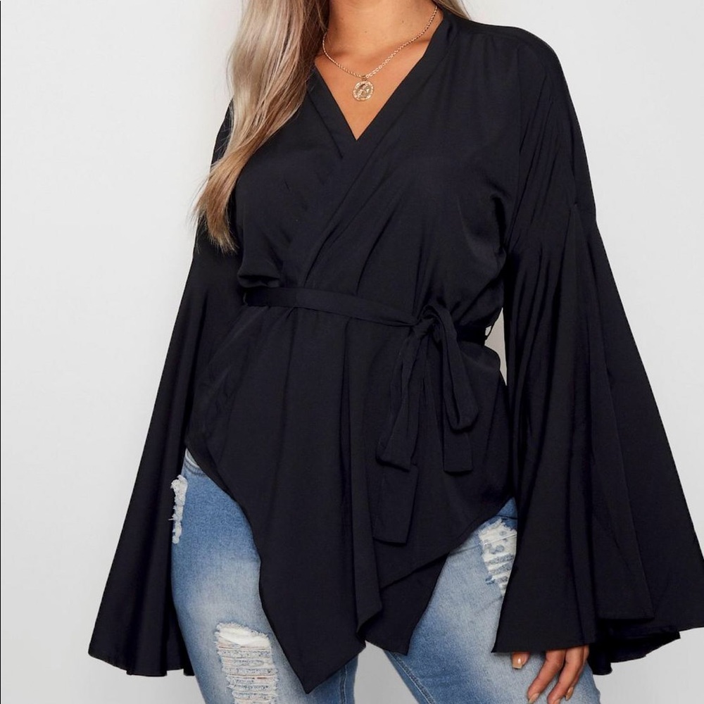 Black Wide Sleeve Wrap Top